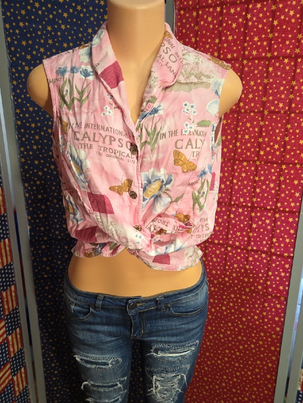 Pink Floral Tie-Front Sleeveless Crop Camisole